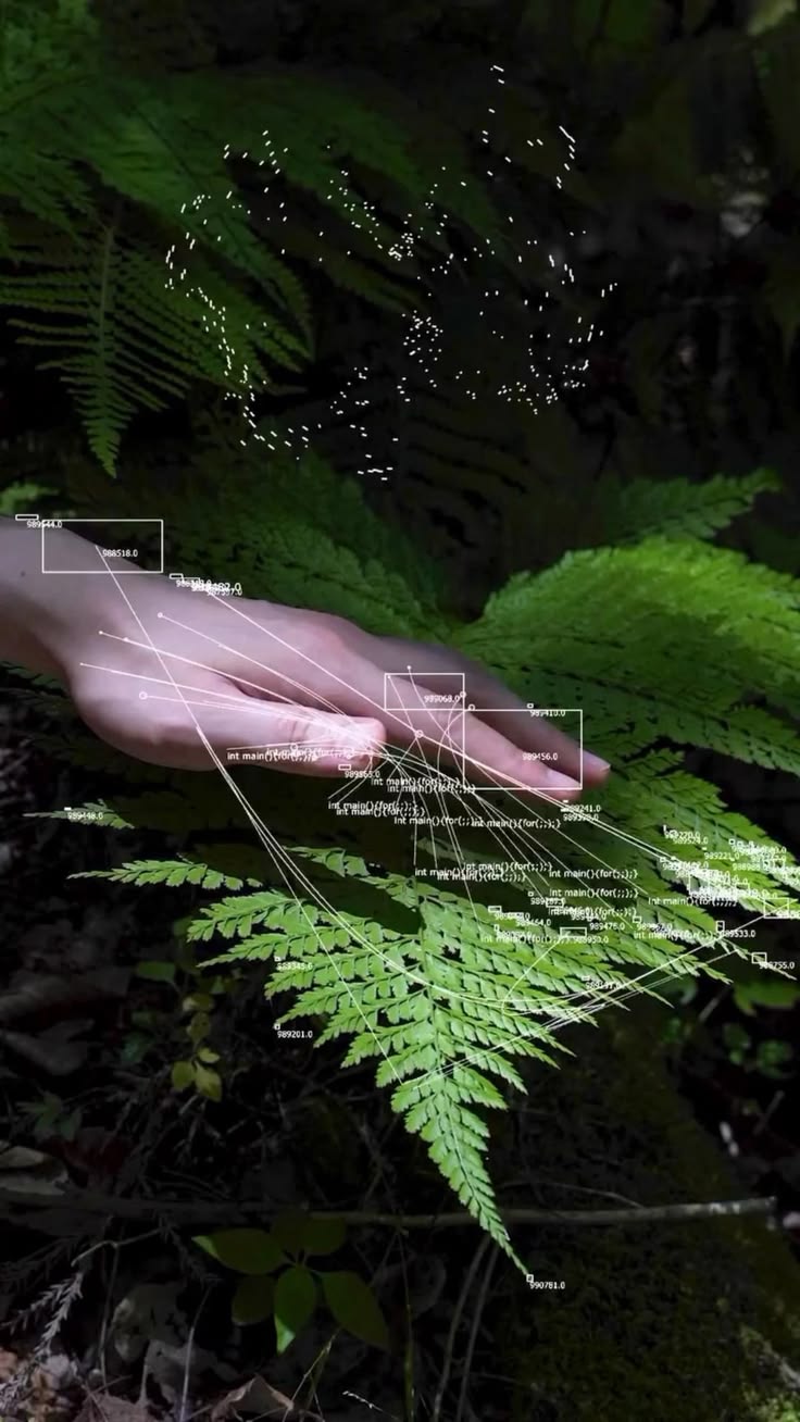 Mão interagindo com vegetação enquanto elementos visuais representam análise computacional da cena
