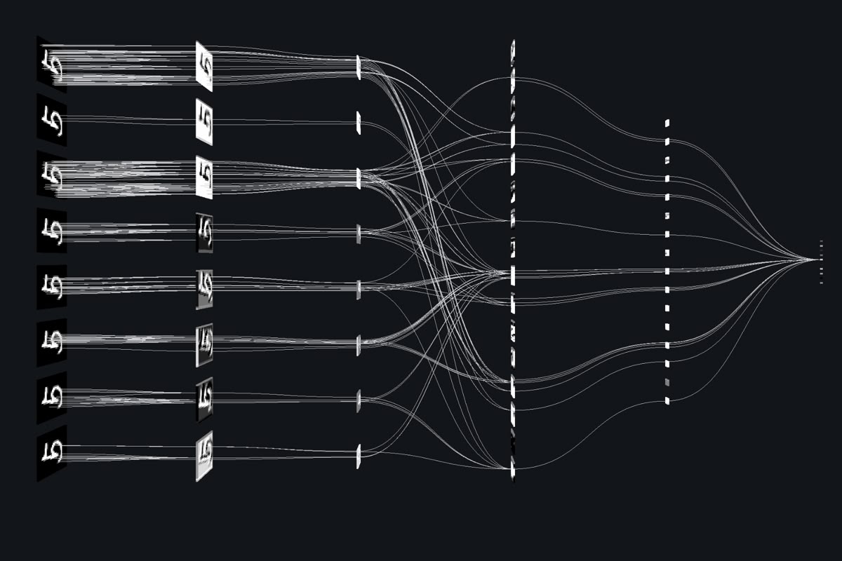 Representação visual de uma rede neural conectando dados a uma saída inteligente