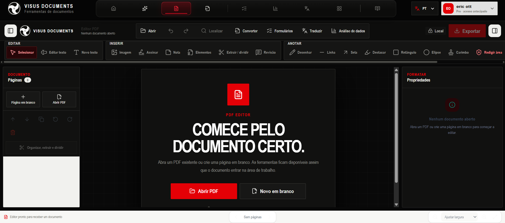Interface profissional do editor PDF do Visus Documents