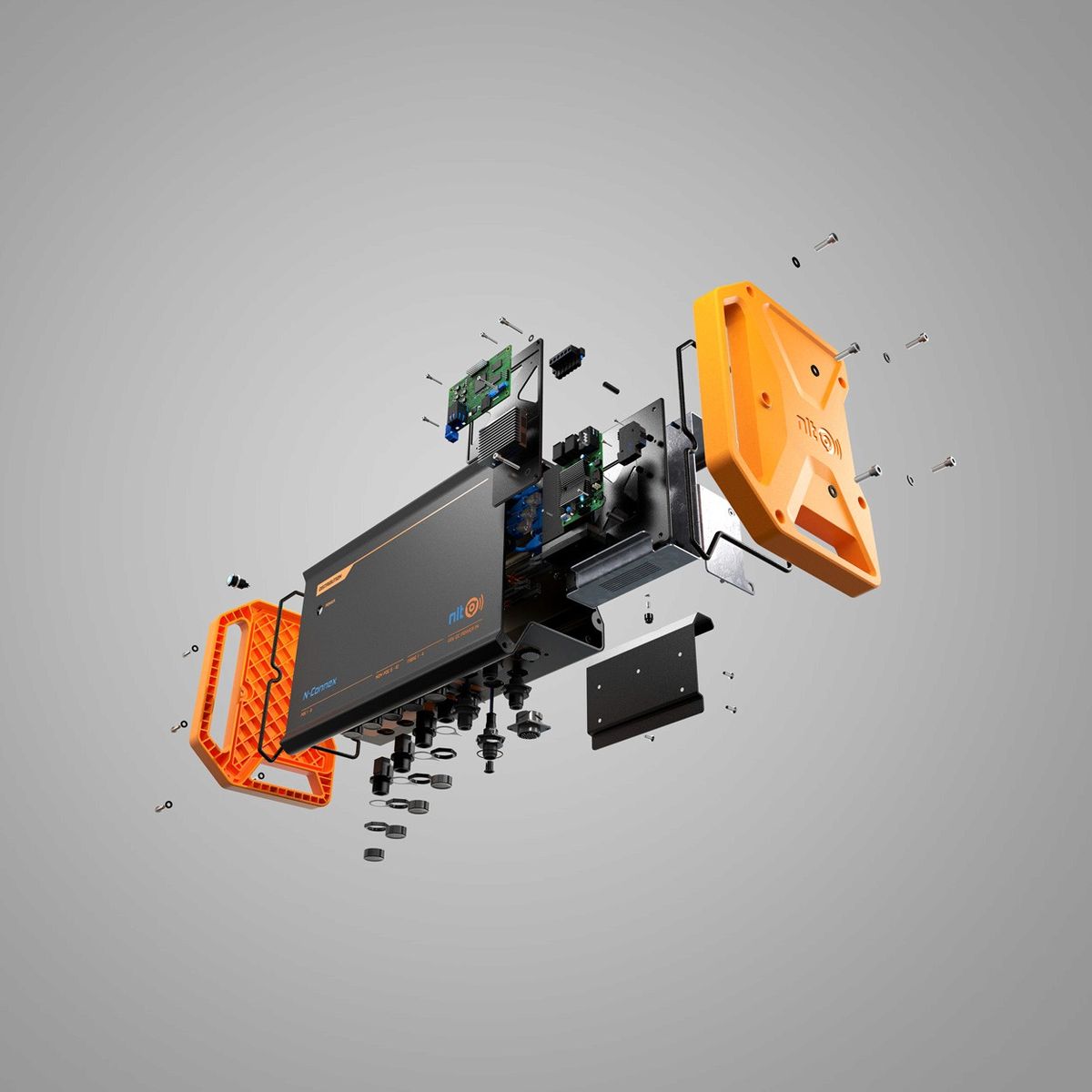 Vista explodida de um equipamento completo com estrutura, placas, interfaces e fixadores