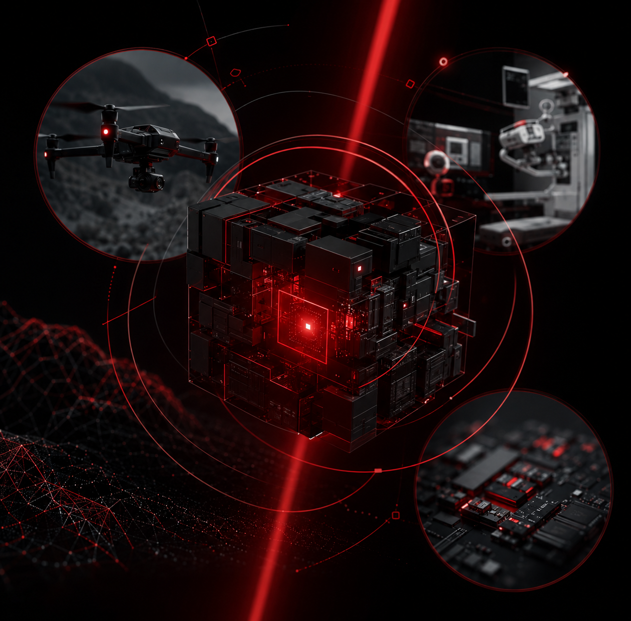 Sistema integrado com drone, robótica, hardware e sensores conectados por interfaces digitais.