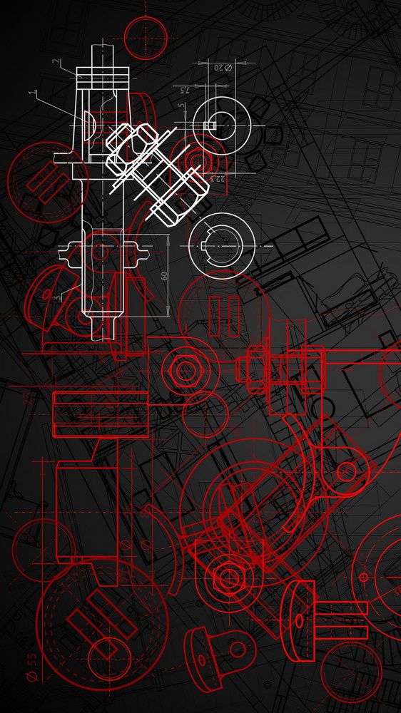 Desenho técnico de engenharia com linhas, cotas e componentes mecânicos em vermelho e branco.