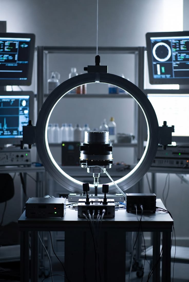 Bancada de laboratório com instrumentos de medição e monitores para validação de sistemas.