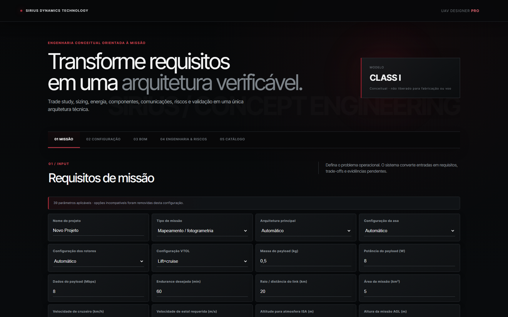Interface real do Sirius UAV Designer Pro com requisitos de missão e parâmetros de projeto