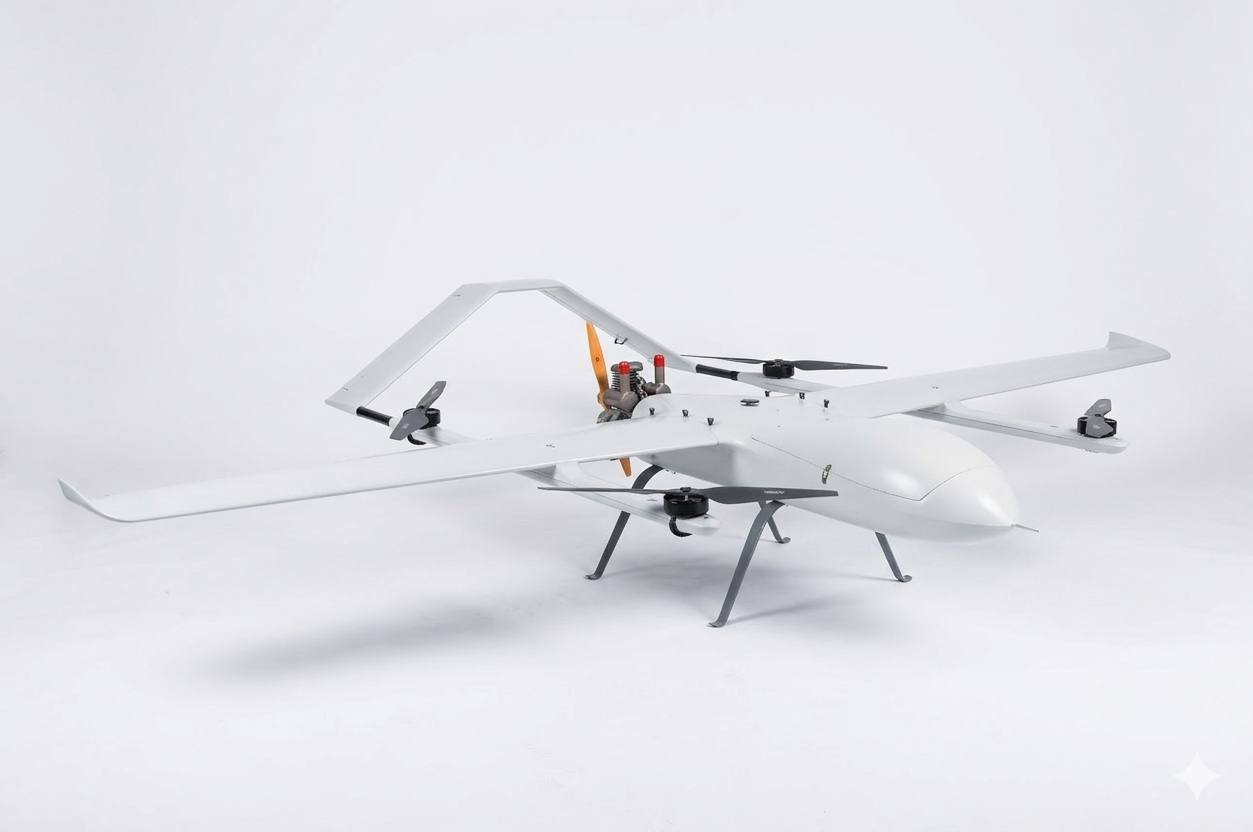 Plataforma UAV VTOL com propulsores de sustentação vertical em fundo branco
