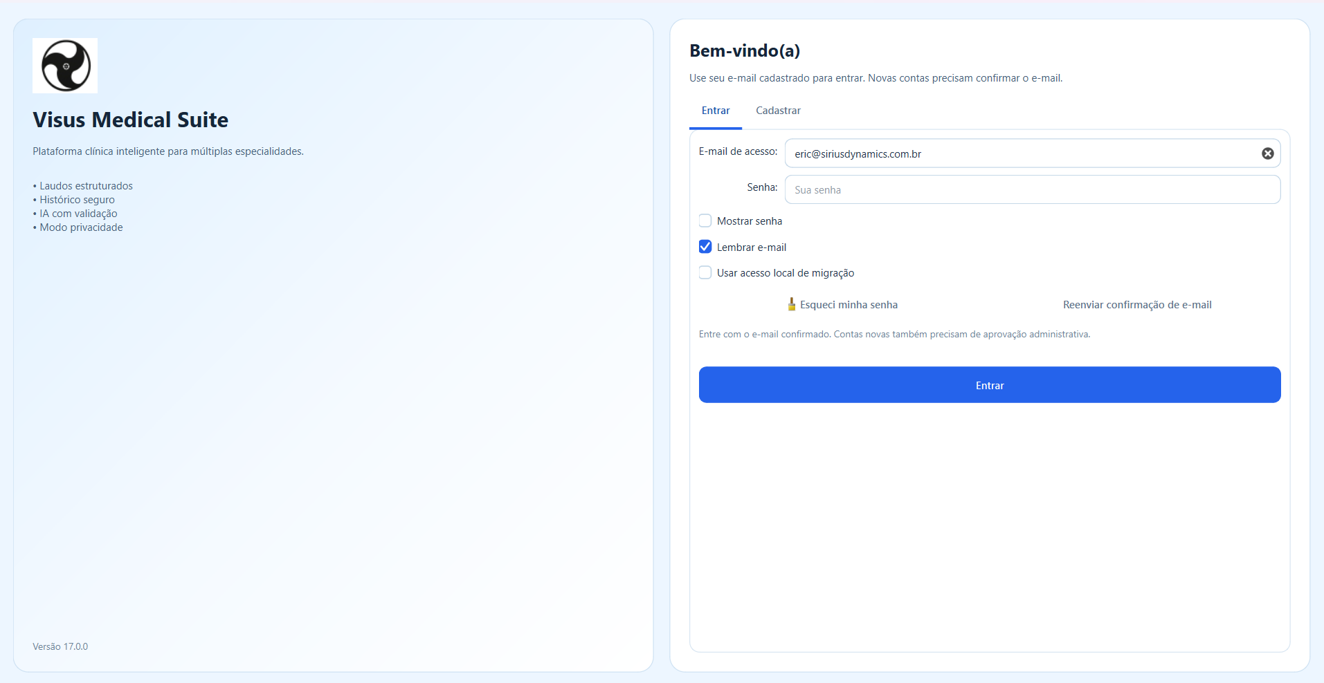 Tela de login do Visus Medical Suite 17