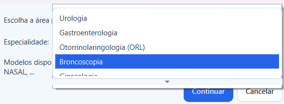 Seleção de especialidade no Visus Medical Suite 17