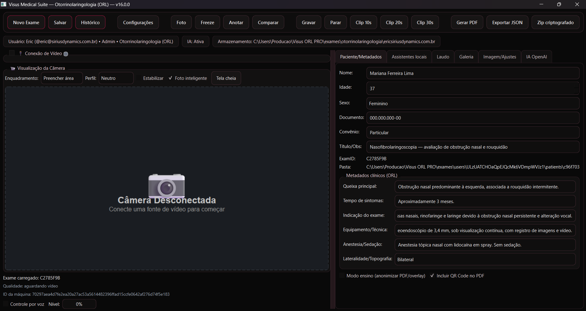 Interface do Visus Medical Suite para exames de otorrinolaringologia